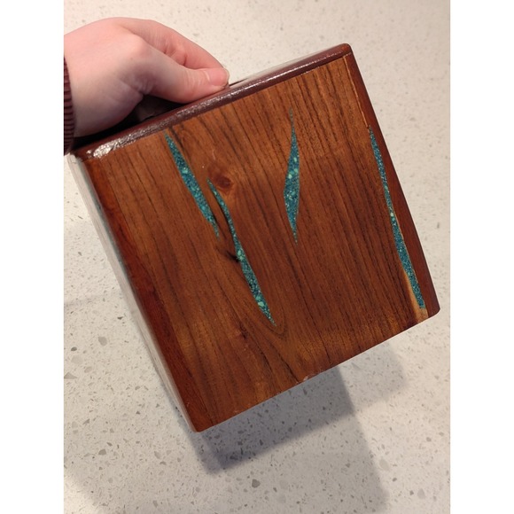 Solid Wood Grain Brown And Blue Teal Resin Accents Lacquer Tall Tissue Box Cover - Picture 5 of 10
